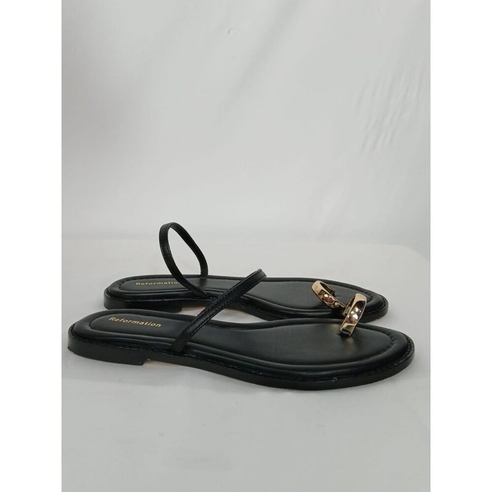 Reformation Cassandra Black Leather Flat Sandals with Gold Toe Accents size 5 - Picture 3 of 15